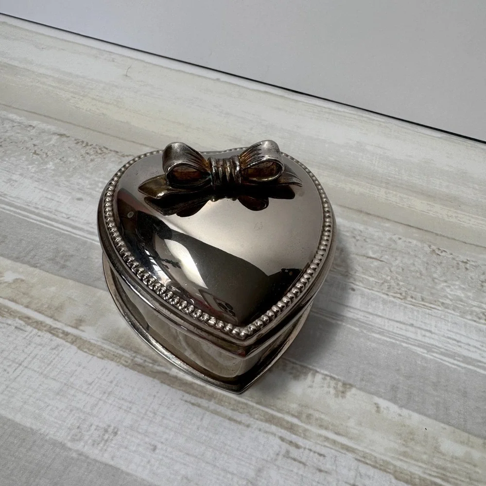 Vintage Silver Plate Heart-Shaped Velvet-Lined Trinket Box